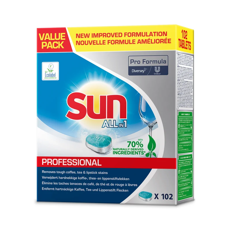 Sun Professional All in 1 Tabs, 102 Stück Geschirrreiniger Tabs All in 1, mit integriertem Klarspüler und Salzfunktion, geeignet für Haushaltsgeschirrspüler.