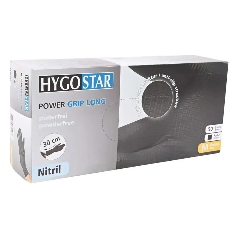 Hygostar Power Grip Long Nitril-Handschuhe Schwarz 50 Stück