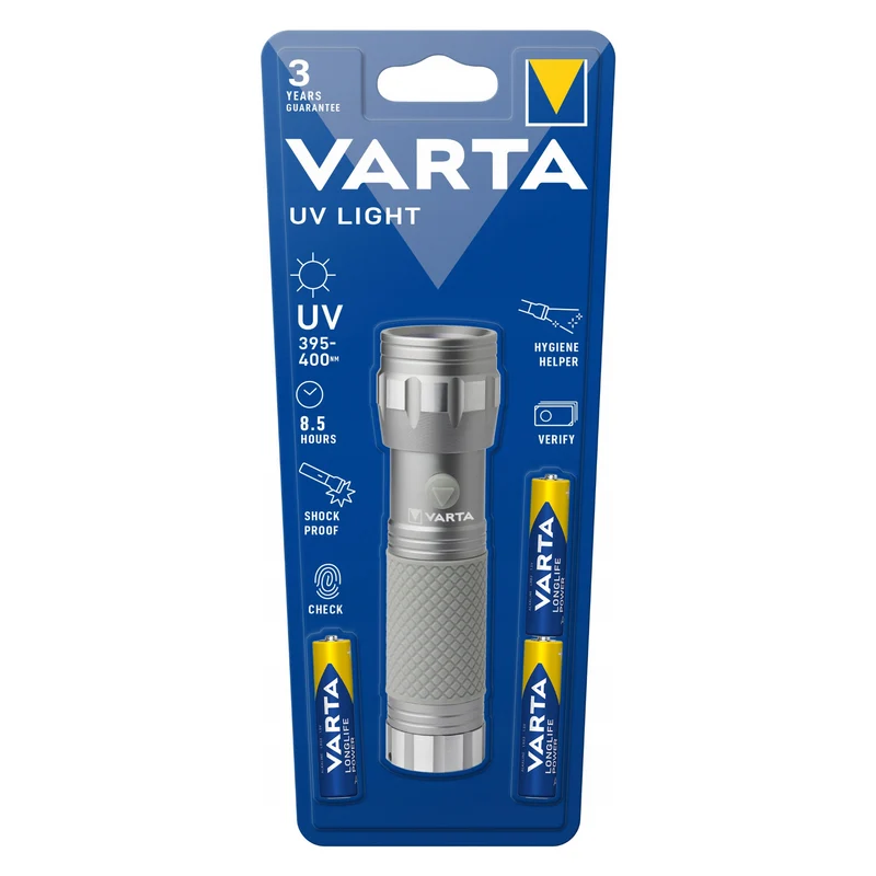 UV-LED-Taschenlampe 15638 aus Aluminium, UV-Wellenlänge 395–400 nm, Multi-LED-Technologie + Varta-Batterien im Lieferumfang enthalten