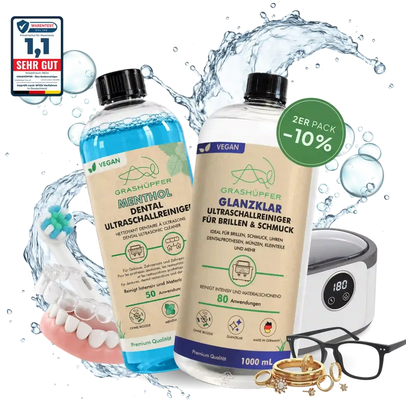 Ultraschall Reinigungslösung-Duo – Öko-Ultraschallreiniger 1L + Öko-Dental-Ultraschallreiniger 500 ml