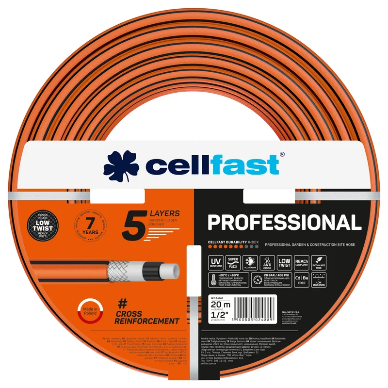 Cellfast Professional Gartenschlauch, Durchmesser 1/2 Zoll, Länge 20 m, 5-lagig