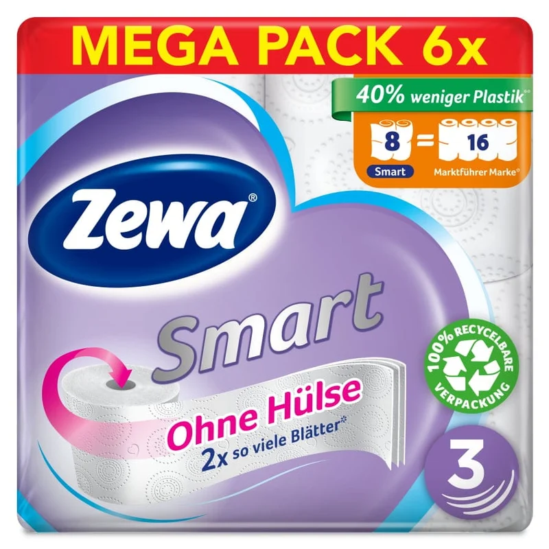 Zewa Smart Toilettenpapier Großpackung 6 x 8 Rollen