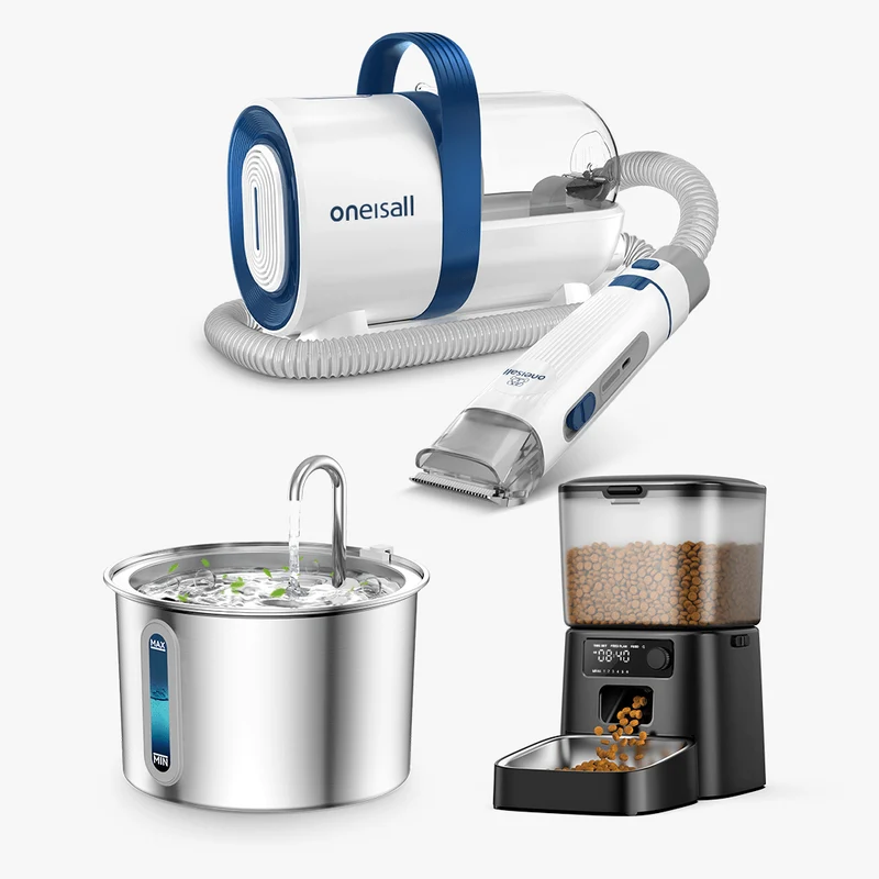 Oneisall LM2 Pet Grooming Vacuum Kit & 2L Cat Water Fountain & 3.5L Automatic Cat Feeder Set