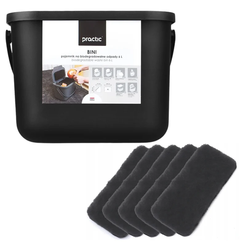 6-Liter-Bioabfallbehälter, schwarz, Bini Practic + 5x Practic-Kohlefilter