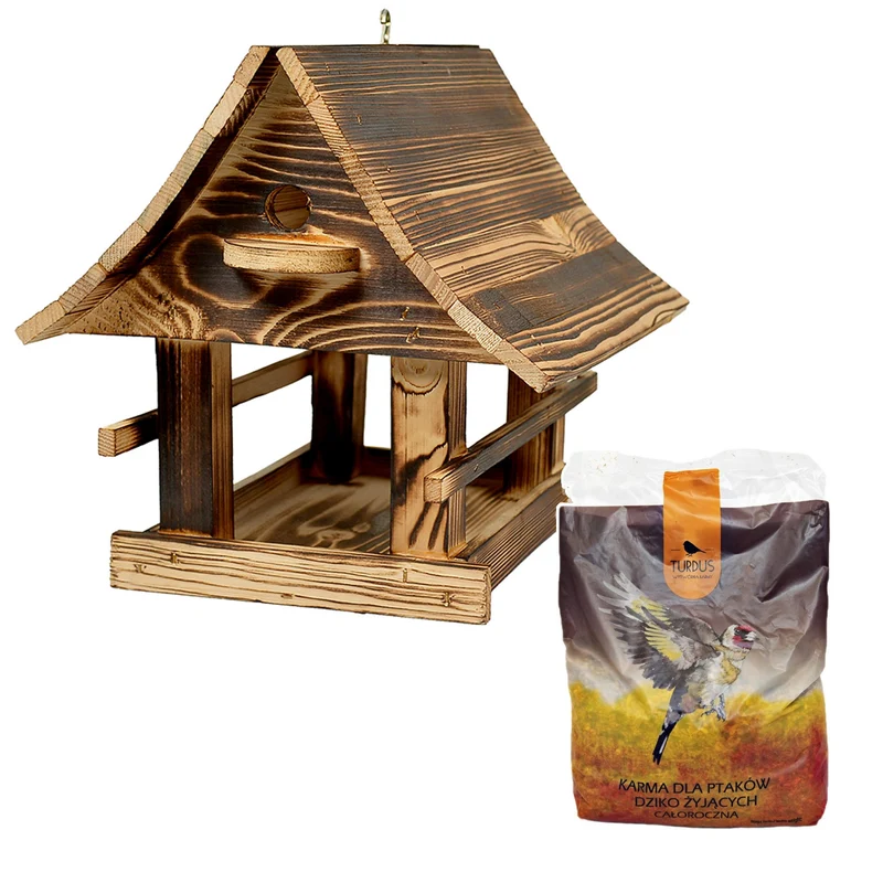 Woodok Vogelfutterhaus, Holz, gebrannt, Aufhängehaken + Vogelfutter 1kg