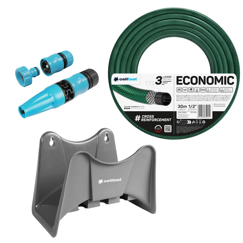 Cellfast Economic Gartenschlauch 1/2" 30 m + Cellfast Schlauchhalter, grau + Set mit Cellfast Basic Geradstrahl-Sprinkler 1/2"