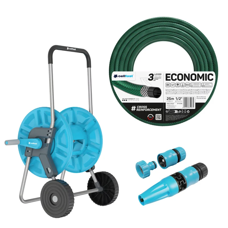 Cellfast Aluplus Schlauchwagen 1/2" 60 m + Cellfast Economic Gartenschlauch 1/2" 25 m + Set mit Cellfast Basic Sprühkopf 1/2"