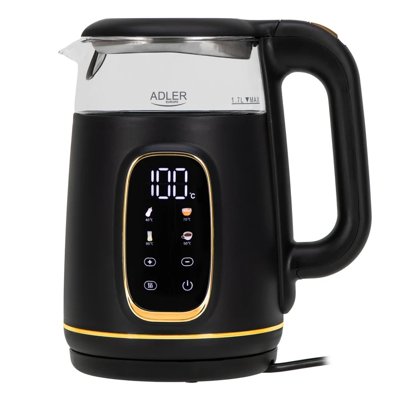 Adler elektrischer Glas-Wasserkocher 1,7L, Schwarz und Gold, Temperaturregelung, LED-Anzeige, AD 1305 bg