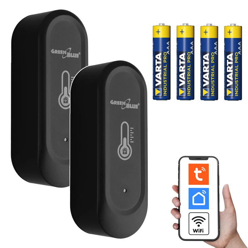 GreenBlue WLAN-Außensensor für Temperatur und Luftfeuchtigkeit, Android/iOS, 3,0 V DC, LR03x2, IP65, GB741, 2 Stück + 4x Varta Industrial 4003 AAA-Alkalibatterien