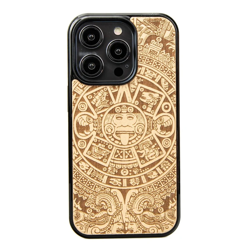 Bewood Handyhülle Holzetui Kompatibel mit iPhone 14 Pro Schutzhülle Hergestellt aus Naturholz Handwerkliche Präzision (Aztekischer Kalender/Aniegre)