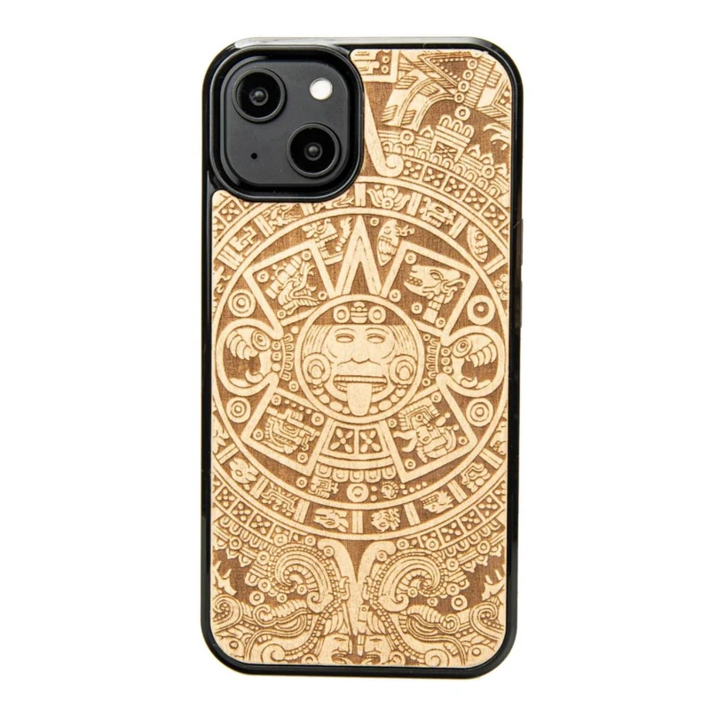 Bewood Handyhülle Holzetui Kompatibel mit iPhone 14 Schutzhülle Hergestellt aus Naturholz Handwerkliche Präzision (Aztekischer Kalender/Aniegre)