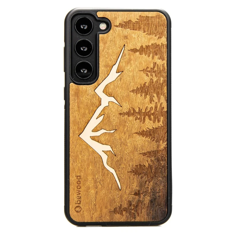 Bewood Handyhülle Holzetui Kompatibel mit Samsung Galaxy S23 Plus Schutzhülle Hergestellt aus Naturholz Handwerkliche Präzision (Berge/Imbuia)