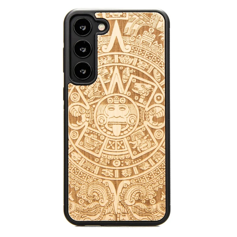 Bewood Handyhülle Holzetui Kompatibel mit Samsung Galaxy S23 Plus Schutzhülle Hergestellt aus Naturholz Handwerkliche Präzision (Aztekischer Kalender/Aniegre)