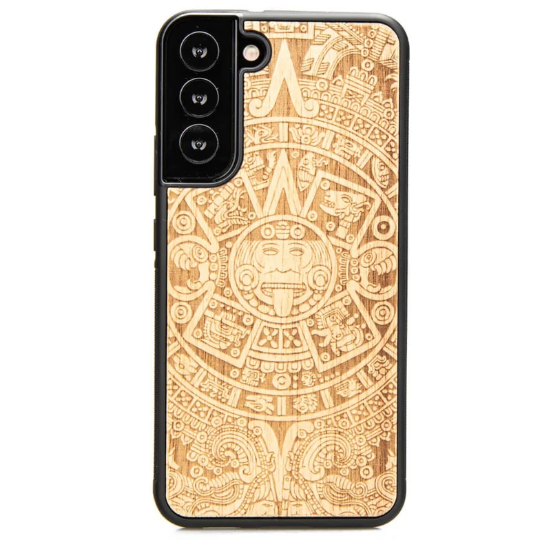 Bewood Handyhülle Holzetui Kompatibel mit Samsung Galaxy S22 Plus Schutzhülle Hergestellt aus Naturholz Handwerkliche Präzision (Aztekischer Kalender/Aniegre)