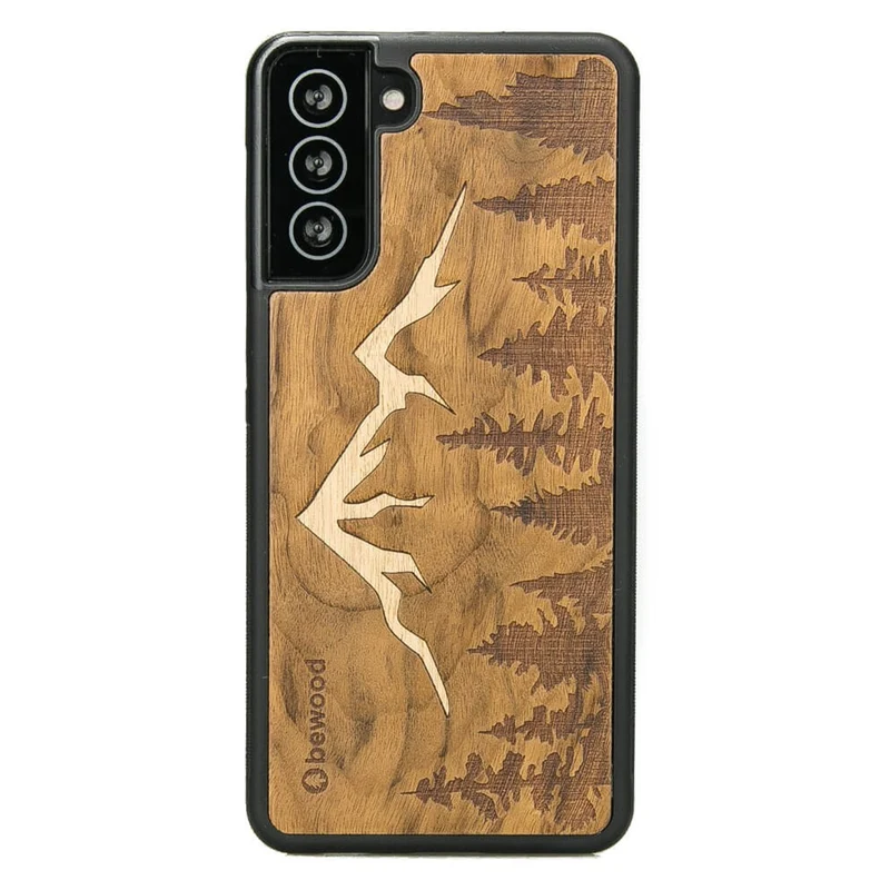 Bewood Handyhülle Holzetui Kompatibel mit Samsung Galaxy S21 FE Schutzhülle Hergestellt aus Naturholz Handwerkliche Präzision (Berge/Imbuia)