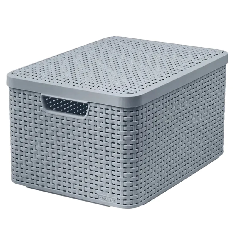 Curver Rattan Style Aufbewahrungsbox mit Deckel, Aufbewahrungskorb, Kunststoff, Aus Recyclingmaterial in mindestens 70% (Hellgrau, L: 44,5 x 33 x 24,8 cm)