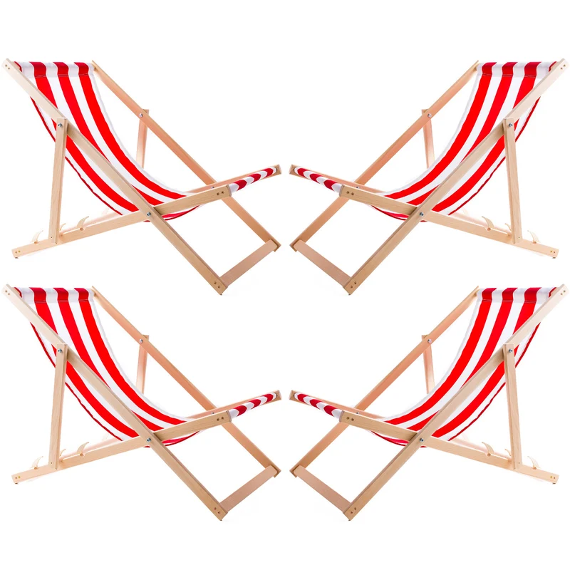 4 bequeme Liegestühle aus Holz, rot gestreift, ideal für Strand, Balkon, Terrasse, montiert