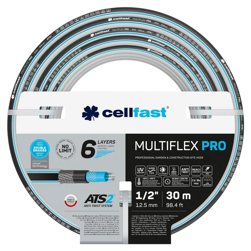 Cellfast MULTIFLEX ATSV 6-lagiger Schlauch Gartenschlauch Doppelter Kreuz- und Trikotgewebe ATS2™ Resistent gegen UV-Strahlen und Algenbildung 35 Bar 1/2" 30 m