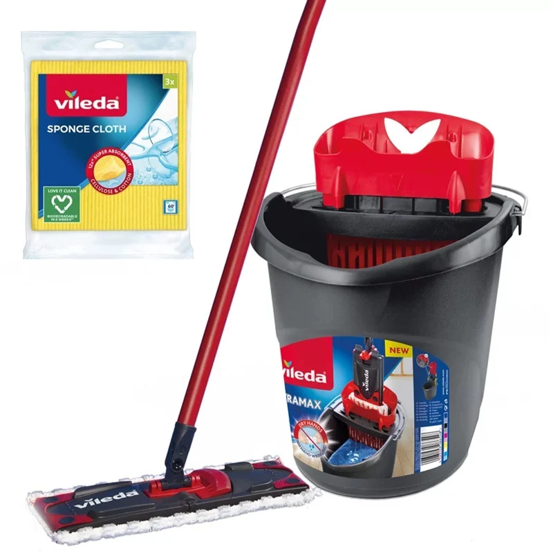 Vileda Flachmop-Set + Eimer + 3 Tücher, Ultramax BOX, berührungsloses Abtropfsystem, zwei Fasertypen, 177453
