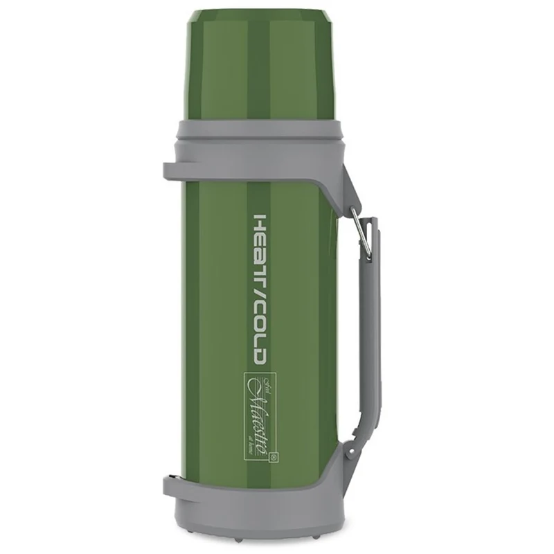 Thermoskanne 1L Isolierflasche mit Trinkbecher 350ml Vakuumisoliert Push-Button 110cm Tragegurt Isolierflasche Edelstahl 304 + Kunststoff für Warm- oder Kaltgetränke (Grün)