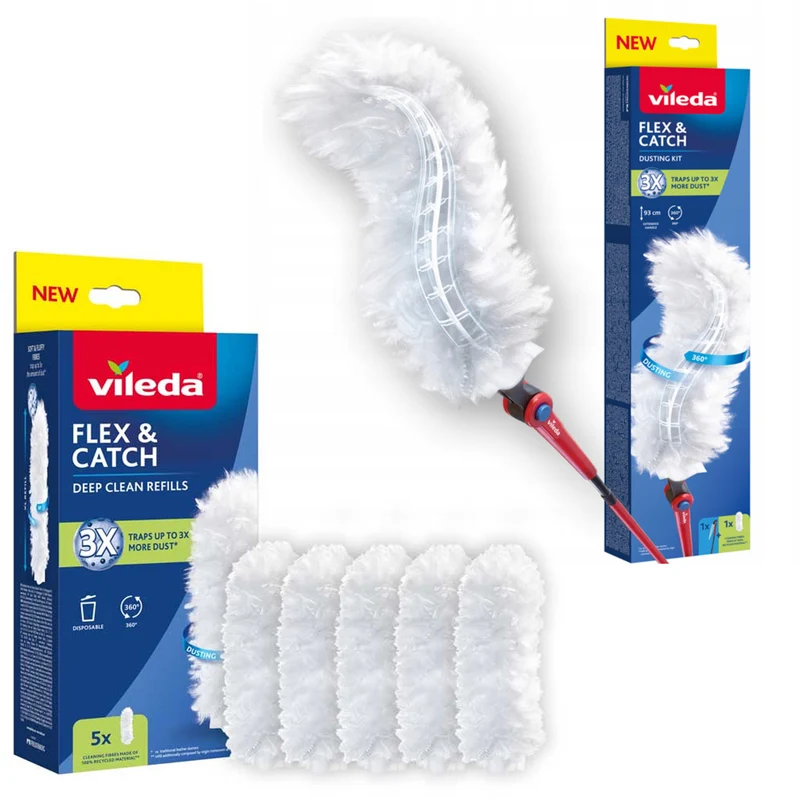 Vileda Flex&Catch Staubwedel, mit langem Stiel, Rutschschutz, flexibler Kopf + 5 Staubwedel-Einsätze