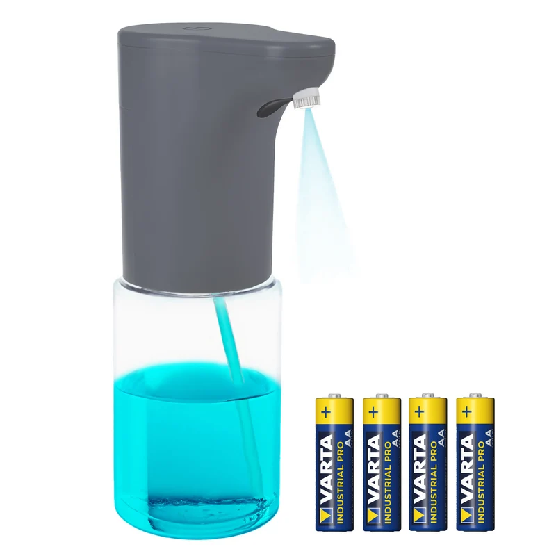Promedix automatischer Spender, Spenderbehälter für Flüssigseifen, Desinfektionsflüssigkeiten, 300ml, grau, PR-540 GR + 4 Varta Industrial AA Batterien