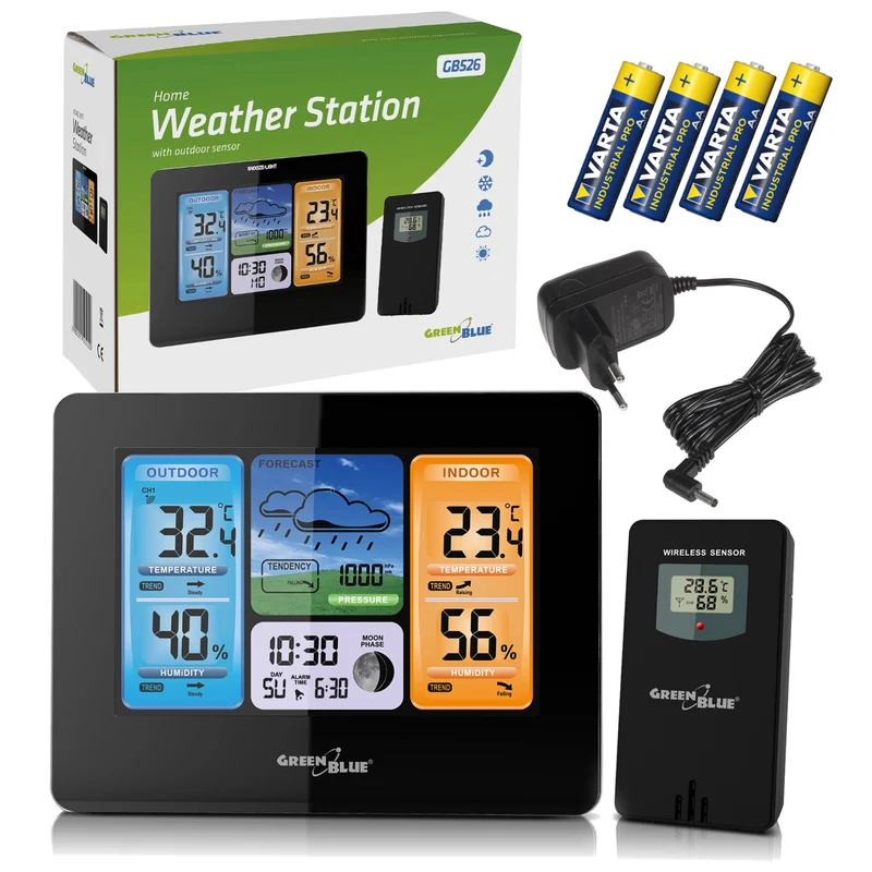GreenBlue Funkwetterstation, Farbe, mit DCF, Mondphasen, Netzteil, Batterien, GB526