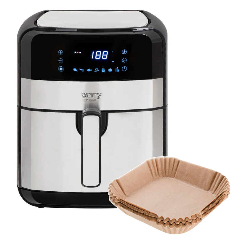 Fettfreie Fritteuse, 9 Programme, 5,0 l, Airfryer, Camry CR 6311 + Papier-Einsätze für die Fritteuse, 16 cm, biologisch abbaubar, 100 Stück