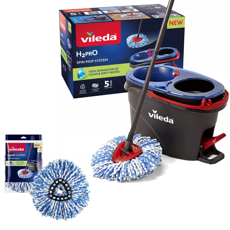 Vileda Rotationsmopp, zwei Kammern, Zentrifugationssystem, klappbare Stange, einfache Reinigung von Ecken, Turbo H2prO + extra Kartusche