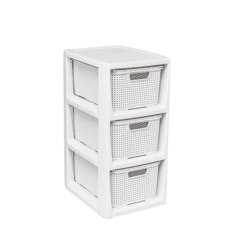 BranQ Rattan Korbregal Badregal mit 3 Körben Schubladen Dreiteilig Badezimmer Regal 23 x 29 x 48 cm Weiß