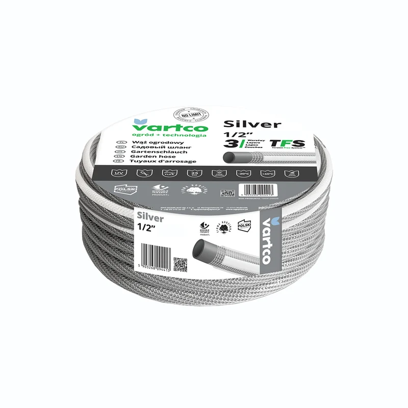 Vartco Silver TFS 3-lagiger Gartenschlauch Wasserschlauch Flexibel Anti Twist Schlauch Gartenbewässerung Flexischlauch UV-beständig 25 Bar 1/2" 20m