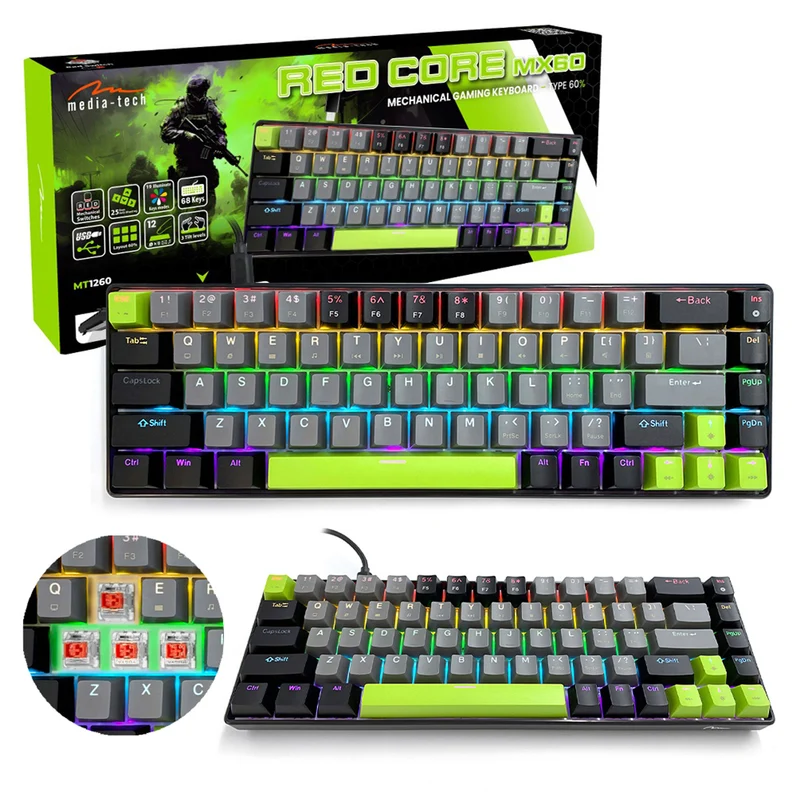 Mechanische Tastatur 60% RED CORE MX60 MT1260, Tastenbeleuchtung, Mediatech
