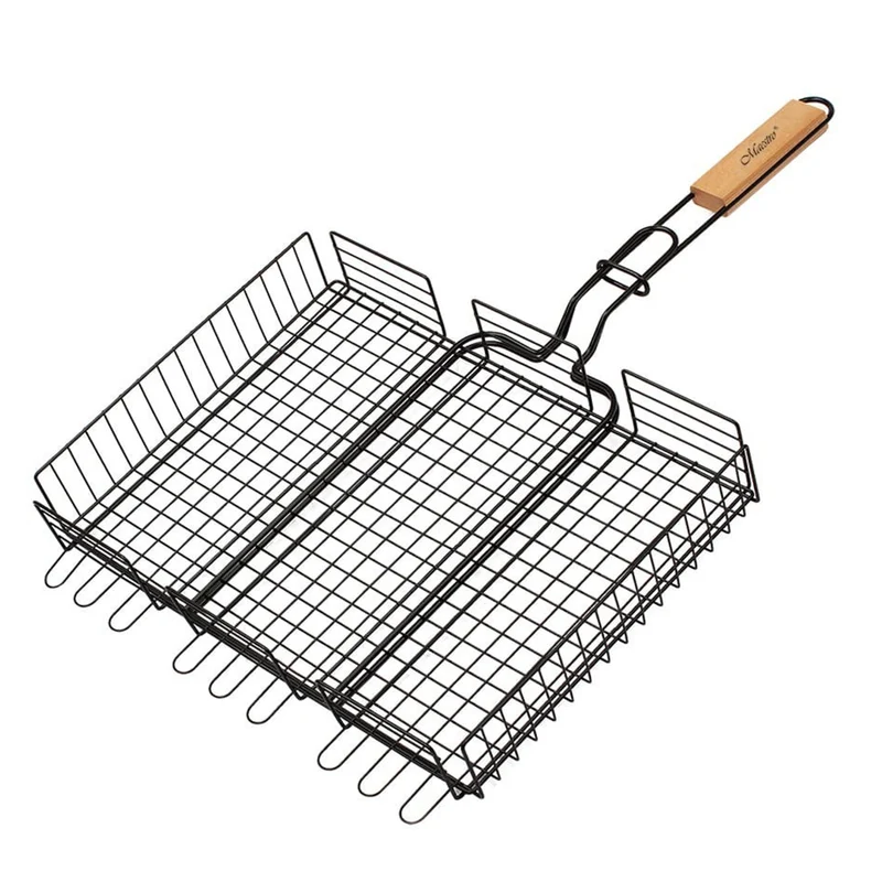 Grillrost mit Holzgriff Verschließbar Doppelgrill Grillgitter Ersatzrost BBQ (Stahl mit Teflon-Beschichtung, 40x30cm)