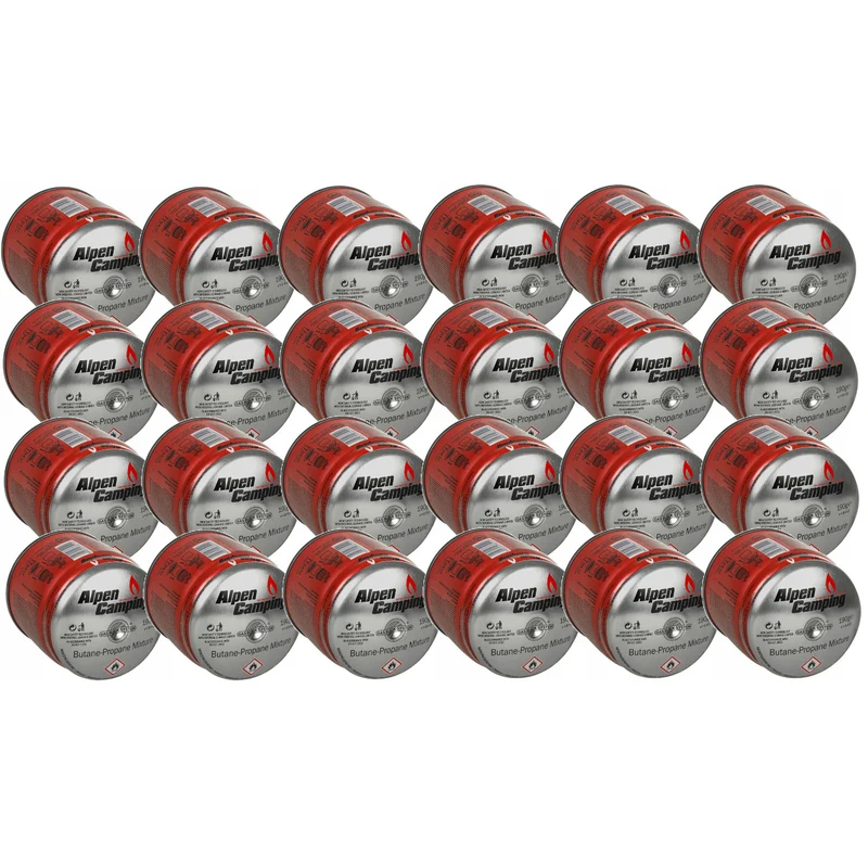24x Alpen Camping 400ml Gaskartusche, Zertifikat: Pi 0437, entspricht EN417, Propan-Butan, Bereich -10°c bis + 40°c, GAS STOP System IK006