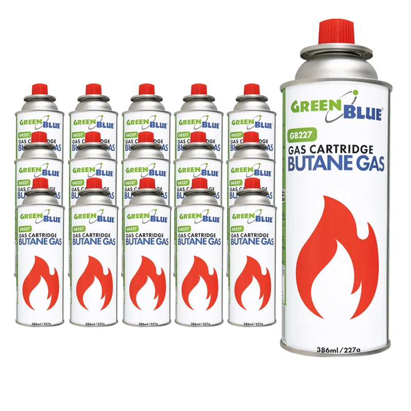 16 Gaspatronen à 227 g von GreenBlue. Zertifikat: Pi 0875, entspricht der Norm EN 417, Butan, Einsatzbereich -10 °C bis +40 °C, GB227