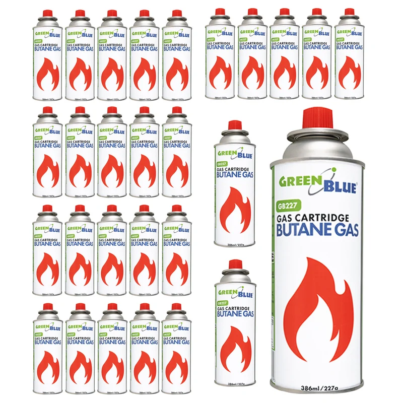 28 Gaspatronen à 227 g von GreenBlue. Zertifikat: Pi 0875, entspricht der Norm EN 417, Butan, Einsatzbereich -10 °C bis +40 °C, GB227