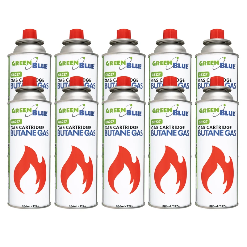 10 Gaspatronen à 227 g von GreenBlue. Zertifikat: Pi 0875, entspricht der Norm EN 417, Butan, Einsatzbereich -10 °C bis +40 °C, GB227