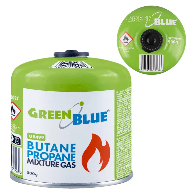 GreenBlue-Gaskartusche 500 g. Zertifizierung: Pi 0437, gemäß EN 417, Butan-Propan, Temperaturbereich -10 °C bis +40 °C, Gewindeventil 7/16'' GB499