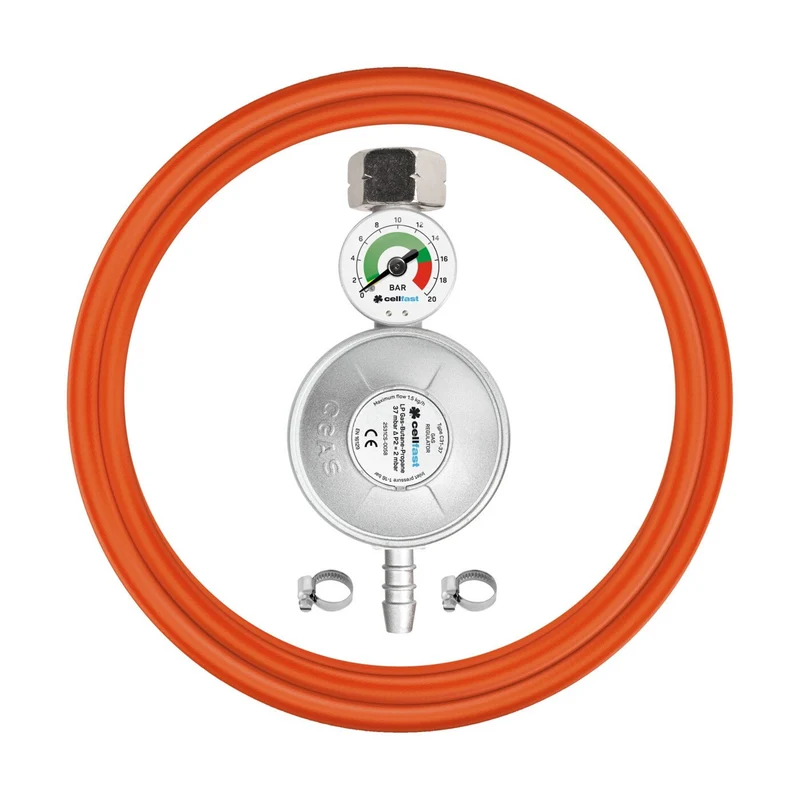 Propan-Butan Anschlussset mit Manometer 2m Schlauch Komplettset für Gaskocher, Kochfelder, Öfen, Grills und andere Gasgeräte 37 mbar