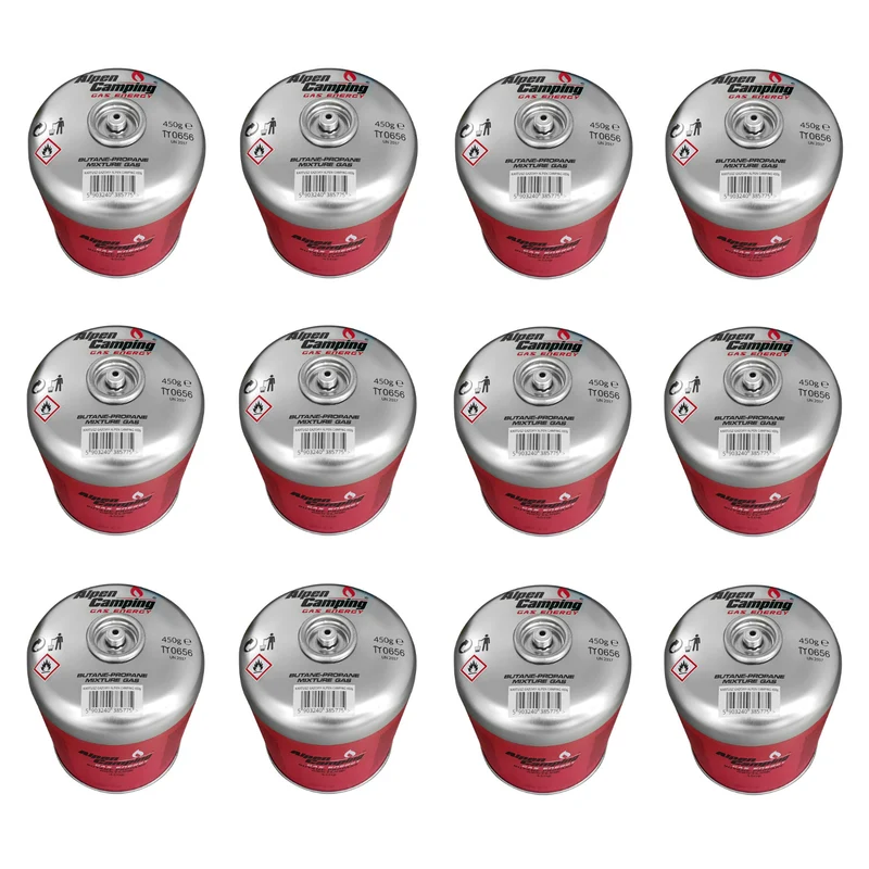 Alpen Camping 450g Gaskartusche, Zertifikat: Pi 0437, entspricht EN417, Propan-Butan, Bereich -10°c bis + 40°c, 7/16" Gewindeventil IK020, 12 Stück