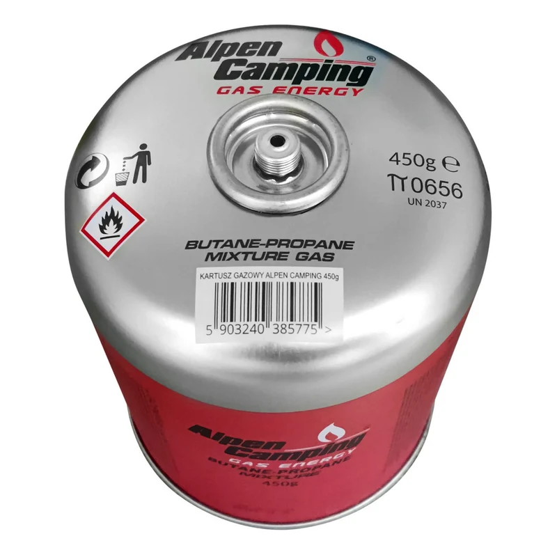 Gaskartusche 450g Alpen Camping, Zertifikat: Pi 0437, entspricht EN417, Propan-Butan, Bereich -10°c bis + 40°c, 7/16" Gewindeventil IK020