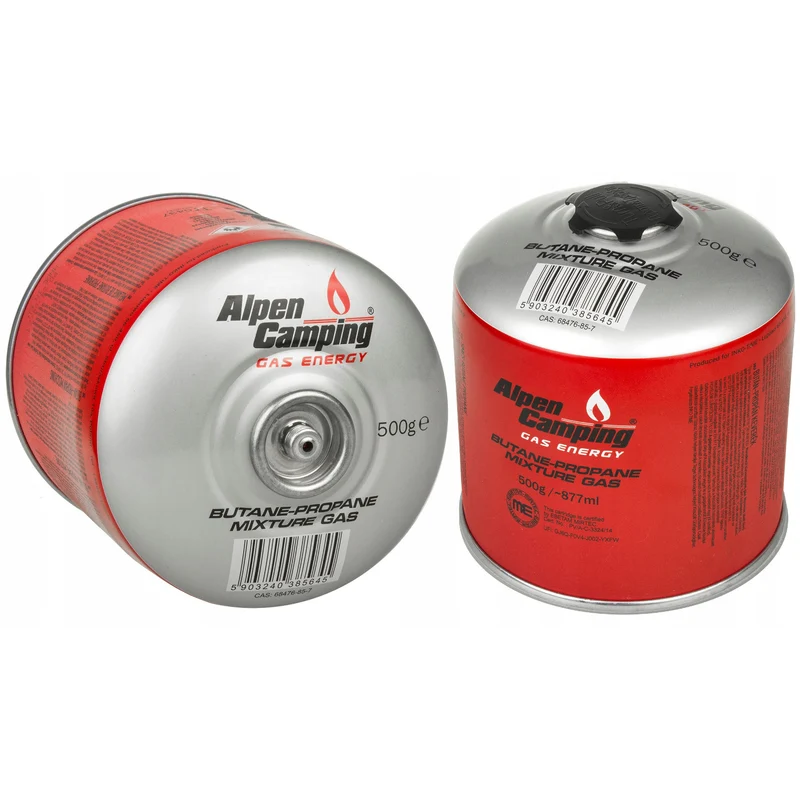 2x 500g Alpen Camping Gaskartusche, Zertifikat: Pi 0437, nach EN417, Propan-Butan, Bereich -10°c bis + 40°c, 7/16" Ventil IK008