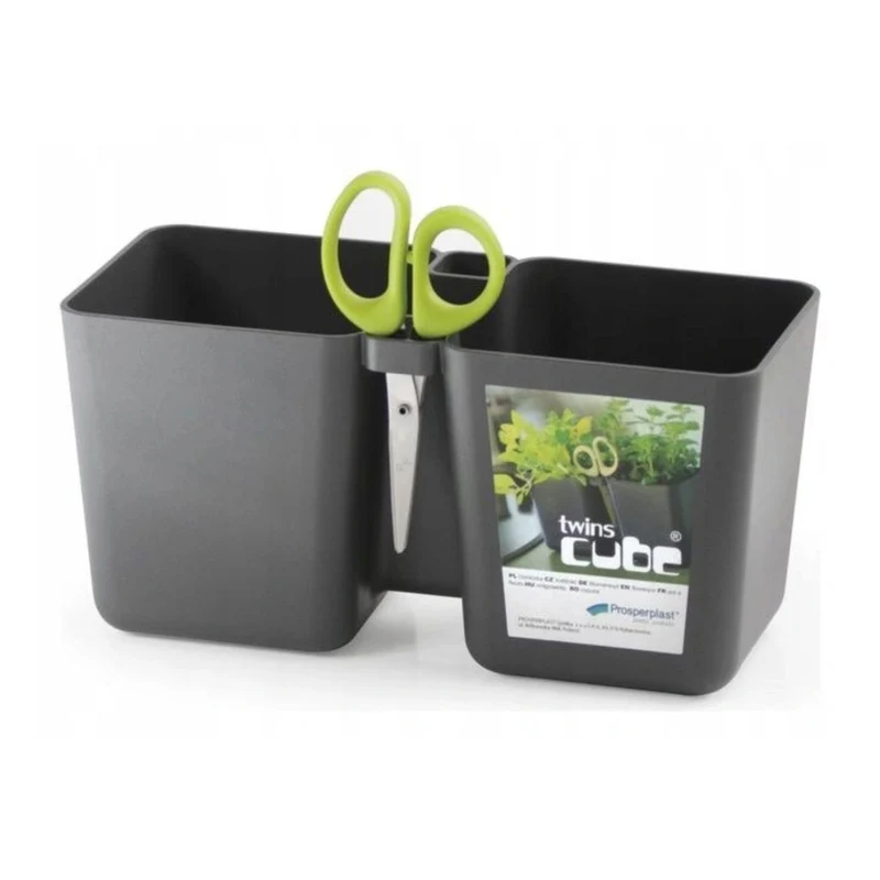 Twins Cube Kräutertopf Doppel-Blumentopf inkl. Schere mit Dreifachklinge Kräuterschere Kunststoff 2,5L 12cm Höhe Graphit