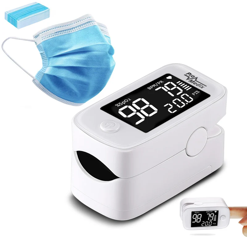 Promedix PR-870 1.5" HD LED Pulsoximeter medizinisches Pulsoximeter + 2x medizinische Masken Set CE EN 14683:2019 - Set - blaue Farbe 10 Stück Promedix PR-280 BFE>98%