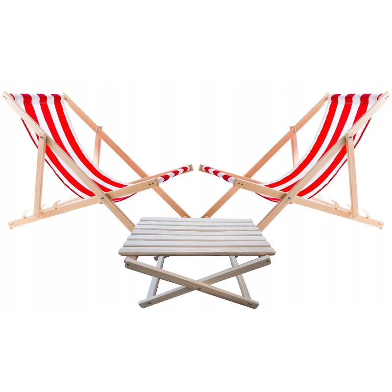 2er Set 2x Liegestühlen, rot gestreift + Couchtisch aus Holz Woodok