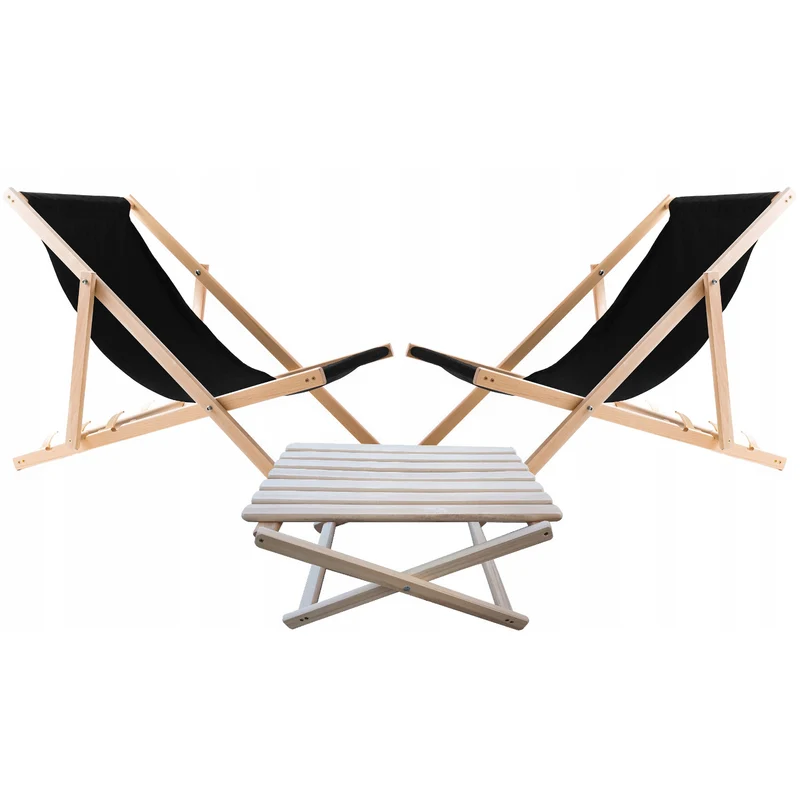 Set aus 2 Liegestühlen, schwarz + Couchtisch aus Holz Woodok