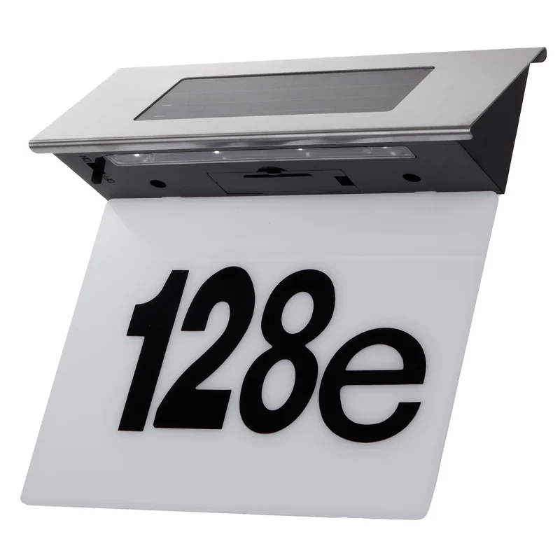 Solar Hausnummernleuchte mit Plexiglas: 17x13cm Hausnummer mit LED Beleuchtung Dämmerungssensor IP44 60lm 1.5W Kaltweiß 6000K Außenwandleuchte