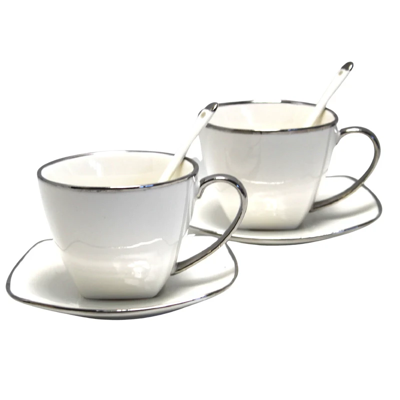Queen Isabell Kaffeetassen-Set mit Untertassen und Löffel 2 Stück Porzellanset , Knochenporzellan, 250ml