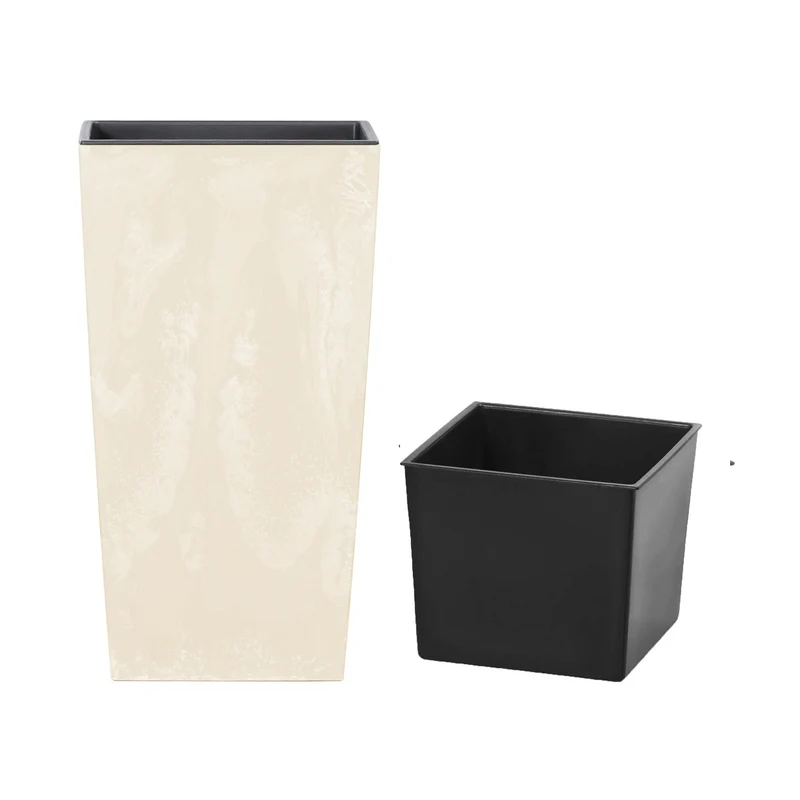 Urbi Square Beton Effect Blumentopf in Betonoptik Pflanzkübel 2 in 1 inkl. Pflanztopf Kunststoff Eckig (195x195x375mm, Creme)