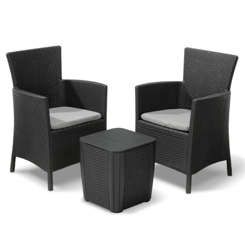 Keter Iowa 223929 Gartenmöbel-Set in Anthrazit, 2 Sessel + 1 Beistelltischhocker mit Aufbewahrung, Kissen im Set enthalten